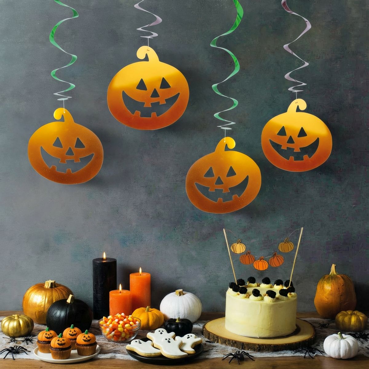 Halloween-i dekoráció szett - 12 db tök, szellem - csillogó spirál akasztó