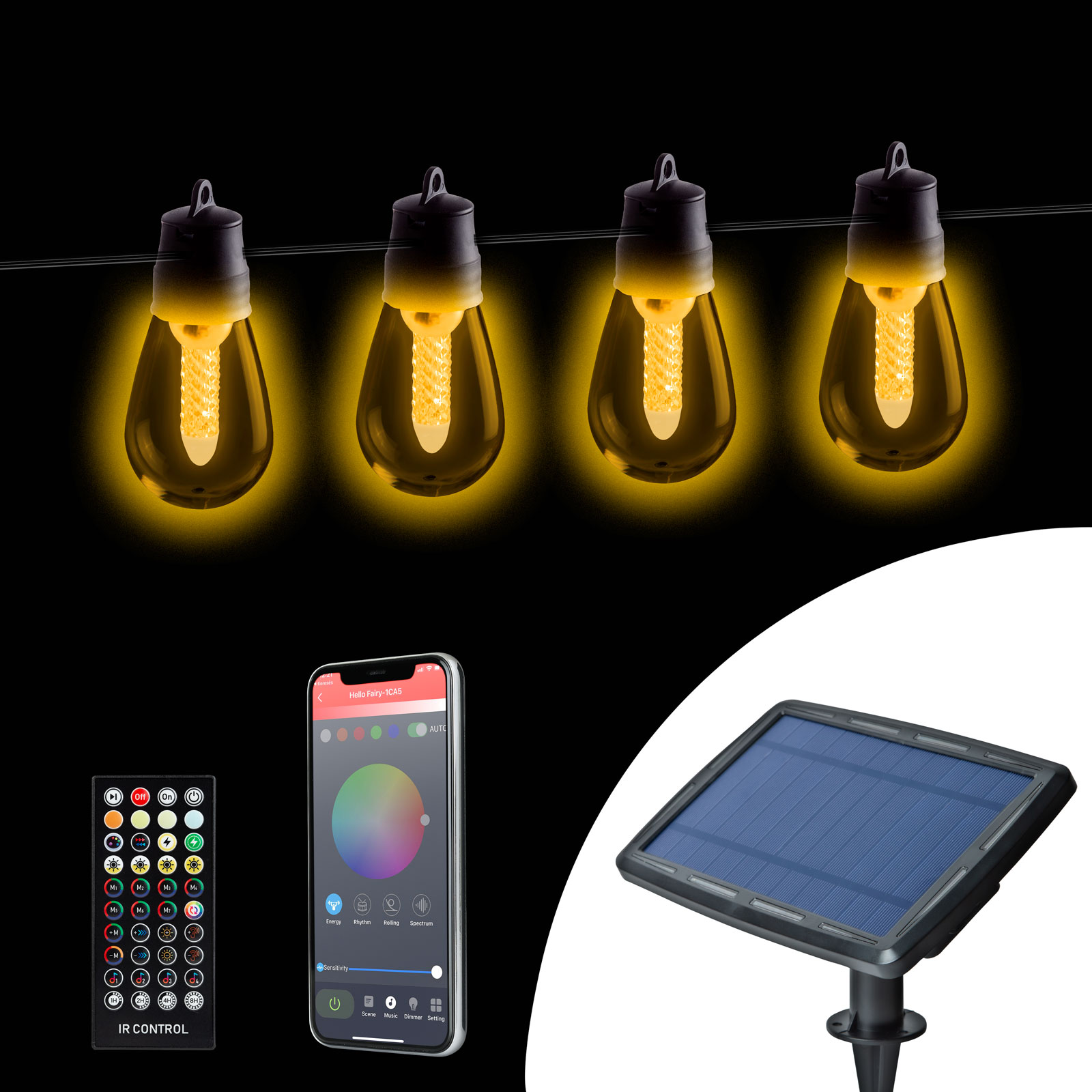 Smart Bluetooth szolár fényfüzér állítható színhőmérséklettel (25 db LED, 13,6 m, IP65)