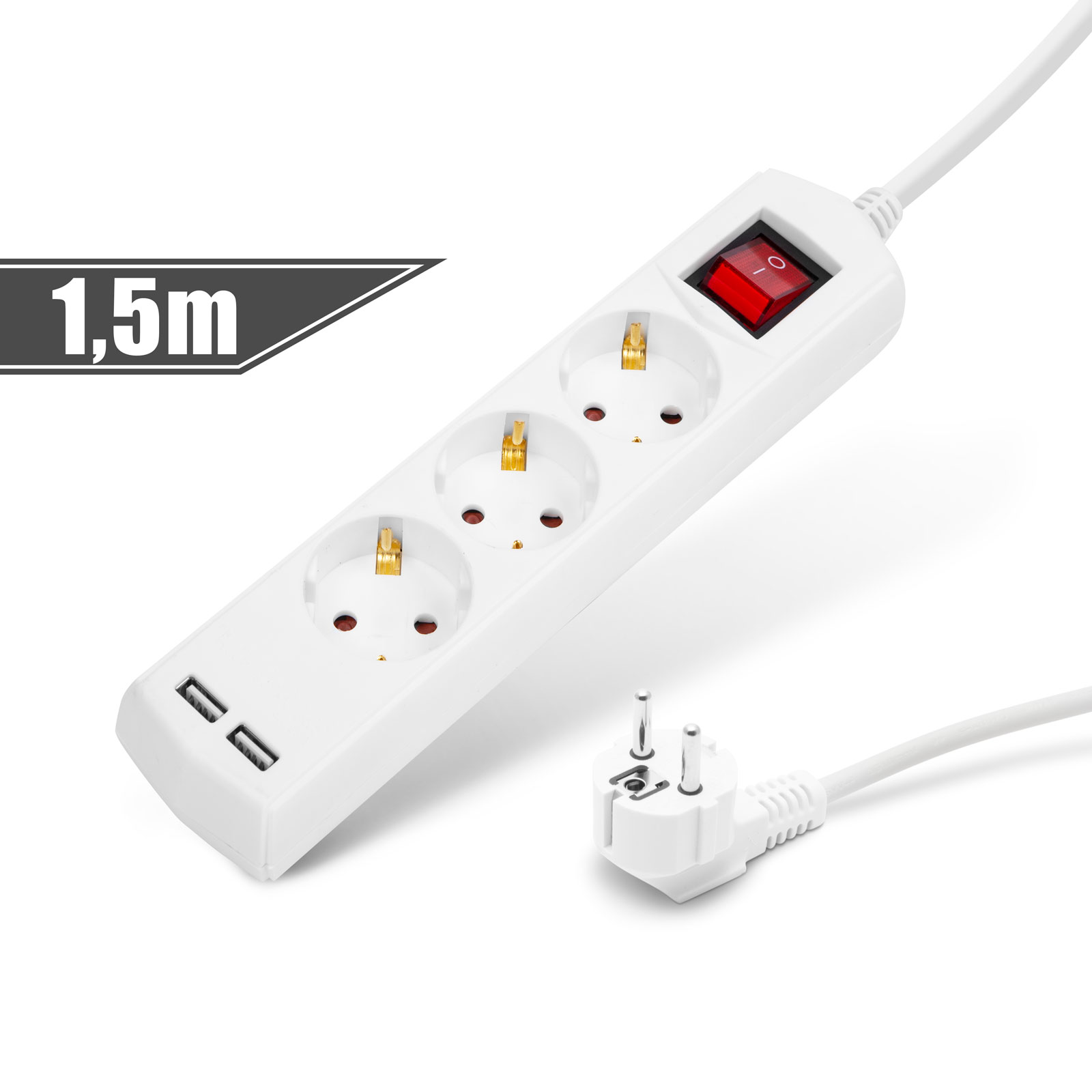 Elosztó 3-as - 3 x 1,5 mm² - 1,5 m - 2 x USB-vel