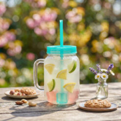 Szívószálas pohár - zöld - 4 db hűthető jégkockával, 550ml,  17 x 7.5 x 13.5 cm