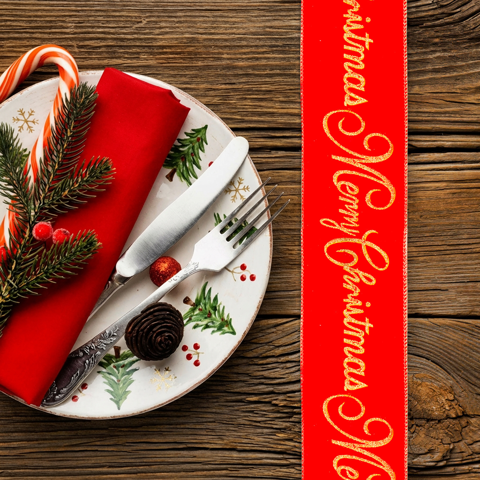 Karácsonyi szalag - piros - "Merry Christmas" - 60 x 8 cm - Image 2